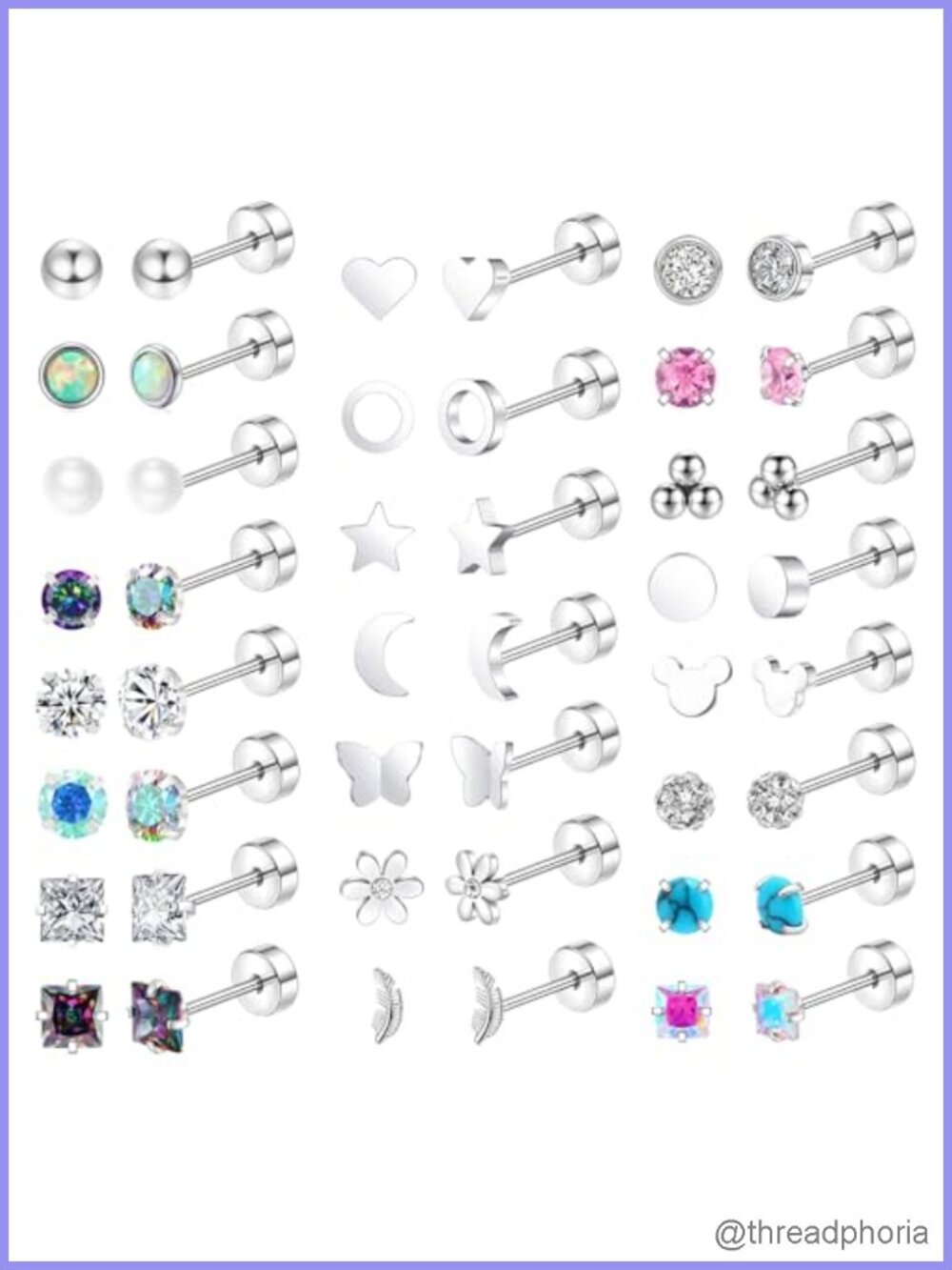 23 Pairs Hypoallergenic Titanium Stud Earrings 20G Flat Back